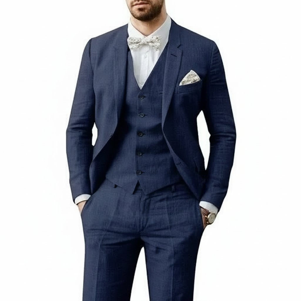 Men's Three-Piece Linen Wedding Suit - Marineblau
