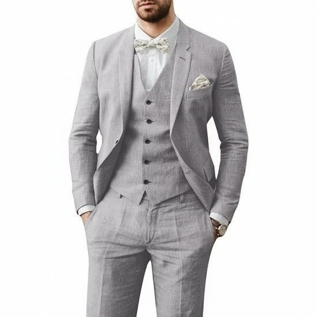 Men's Three-Piece Linen Wedding Suit - Grau