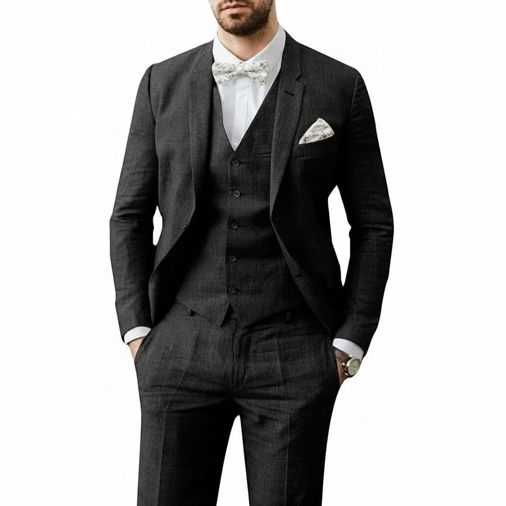 Men's Three-Piece Linen Wedding Suit - Schwarz