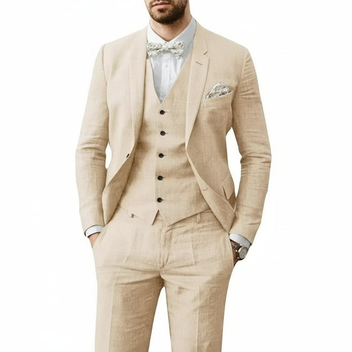 Men's Three-Piece Linen Wedding Suit - Beige