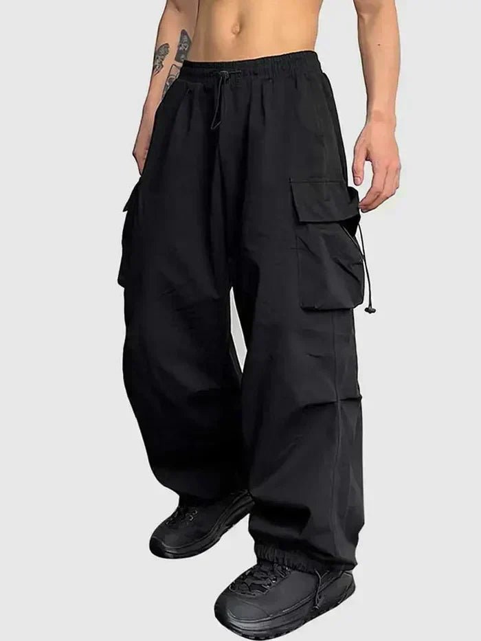 Men's Wide-Leg Elastic-Waist Drawstring Cargo Pants - Black
