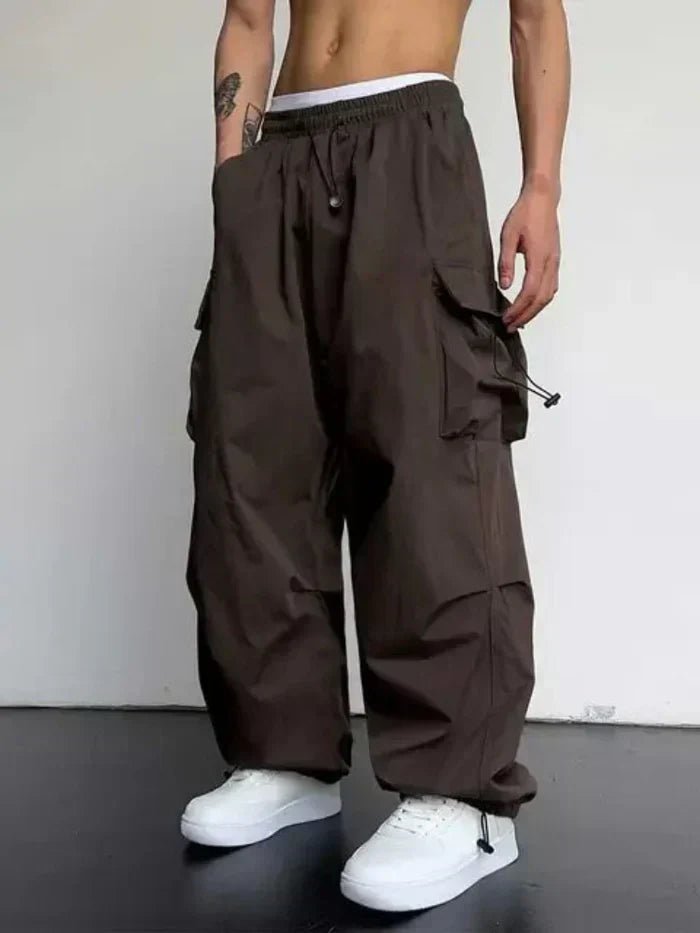 Men's Wide-Leg Elastic-Waist Drawstring Cargo Pants - Dark Brown