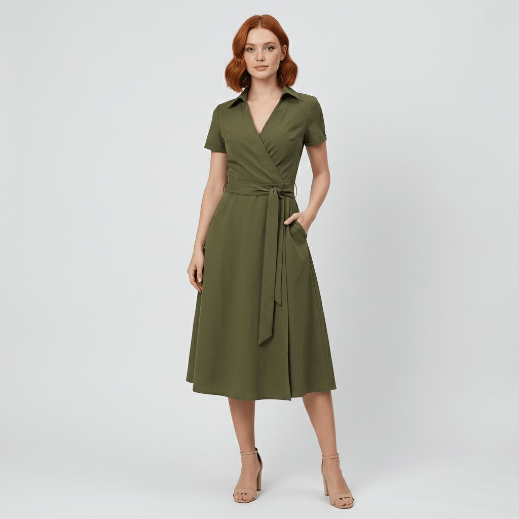 Women's A-Line Wrap-Style V-Neck Short-Sleeve Midi Dress - Olive Green
