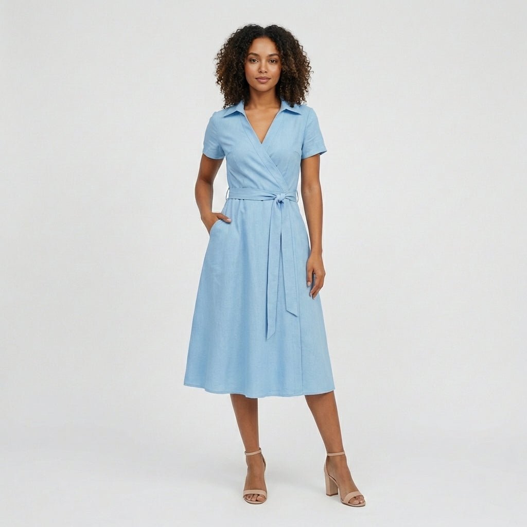 Women's A-Line Wrap-Style V-Neck Short-Sleeve Midi Dress - Sky Blue