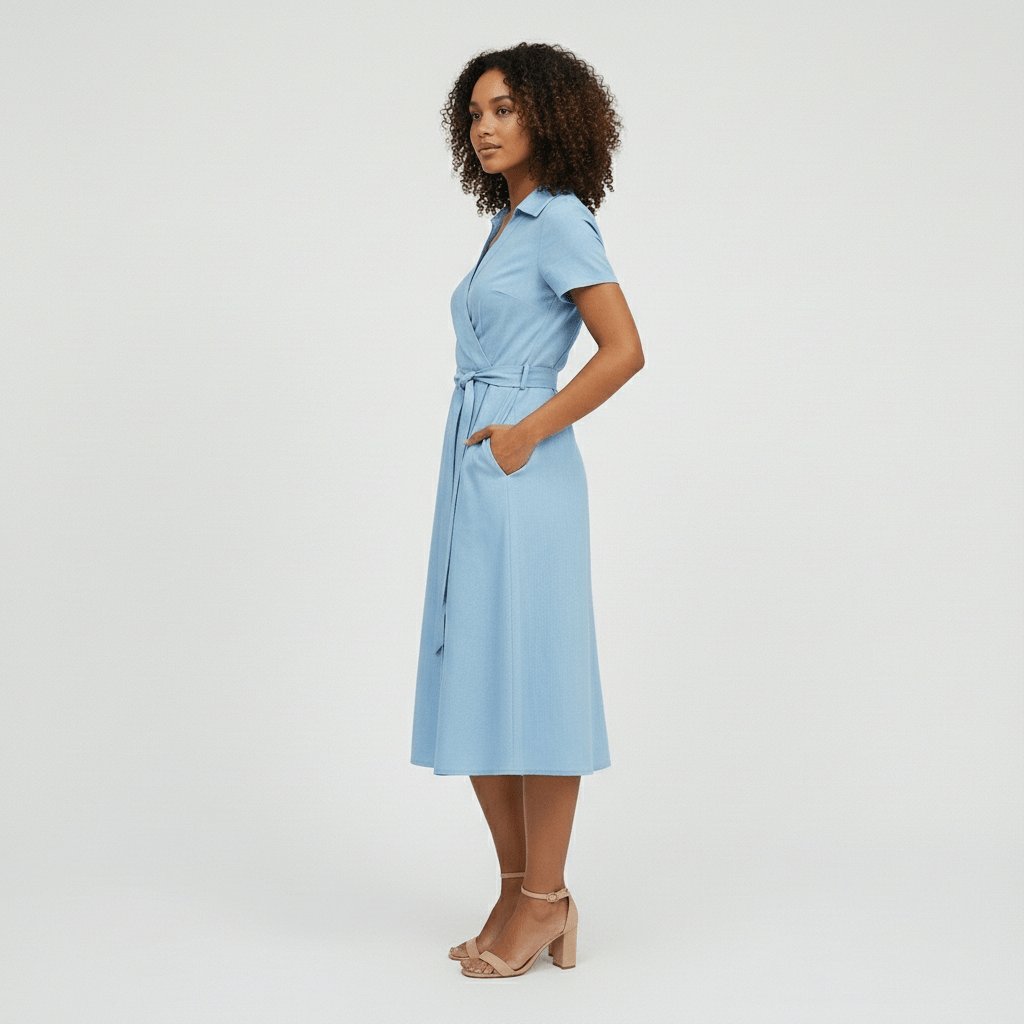 Women's A-Line Wrap-Style V-Neck Short-Sleeve Midi Dress