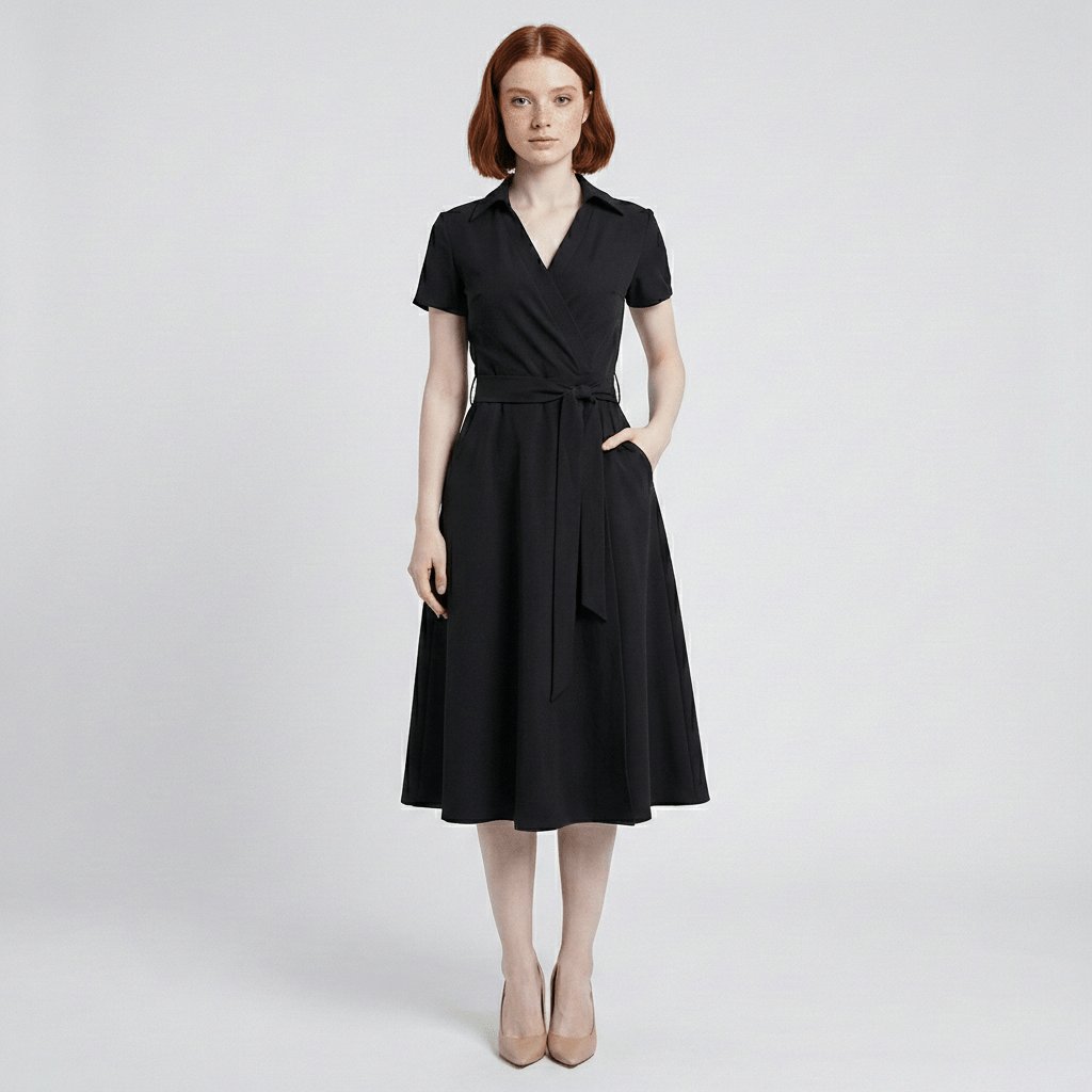 Women's A-Line Wrap-Style V-Neck Short-Sleeve Midi Dress - Deep Black
