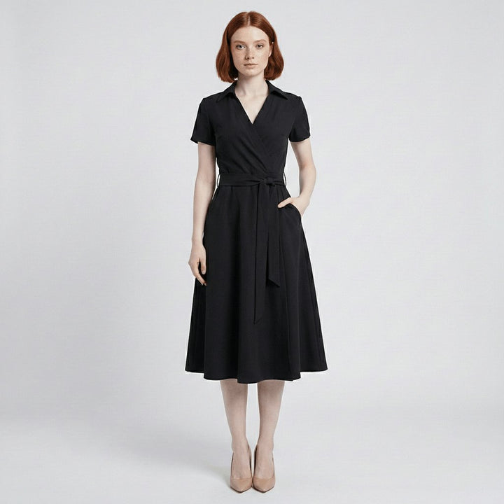 Women's A-Line Wrap-Style V-Neck Short-Sleeve Midi Dress - Deep Black