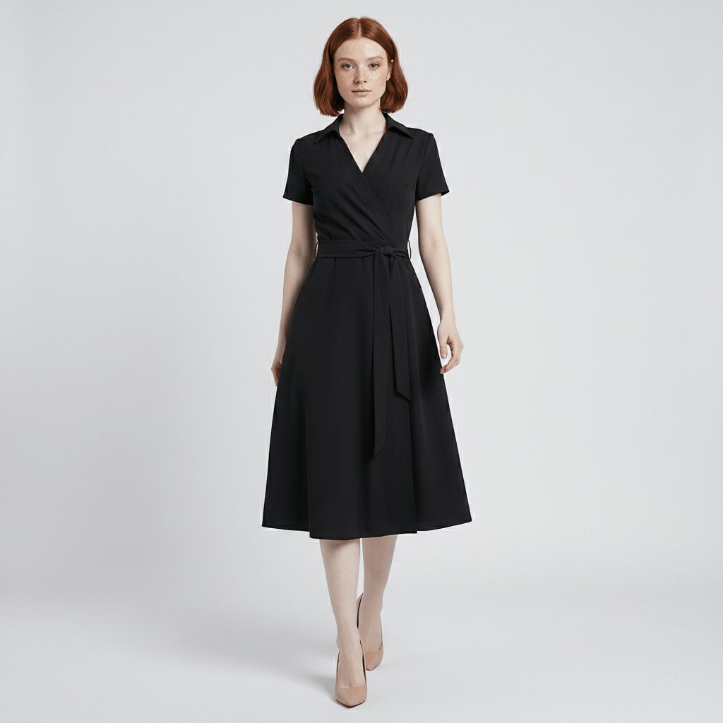 Women's A-Line Wrap-Style V-Neck Short-Sleeve Midi Dress