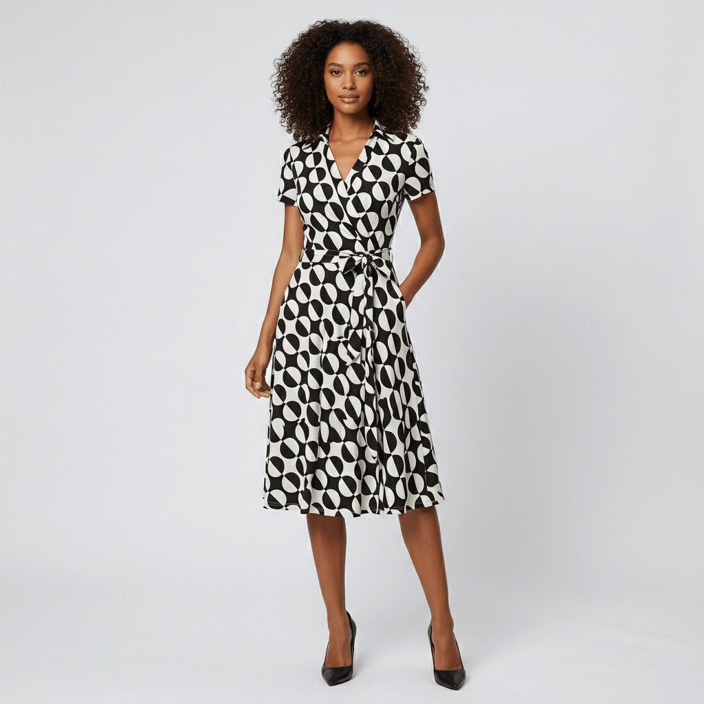 Women's A-Line Wrap-Style V-Neck Short-Sleeve Midi Dress - Geometric Multicolour