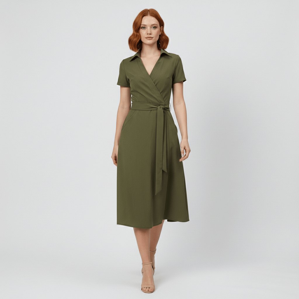 Women's A-Line Wrap-Style V-Neck Short-Sleeve Midi Dress
