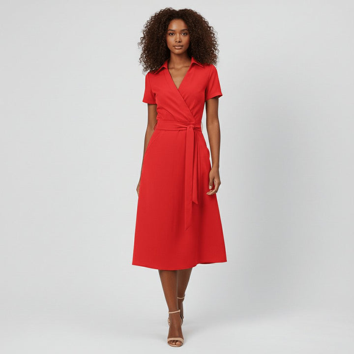 Women's A-Line Wrap-Style V-Neck Short-Sleeve Midi Dress - Classic Red