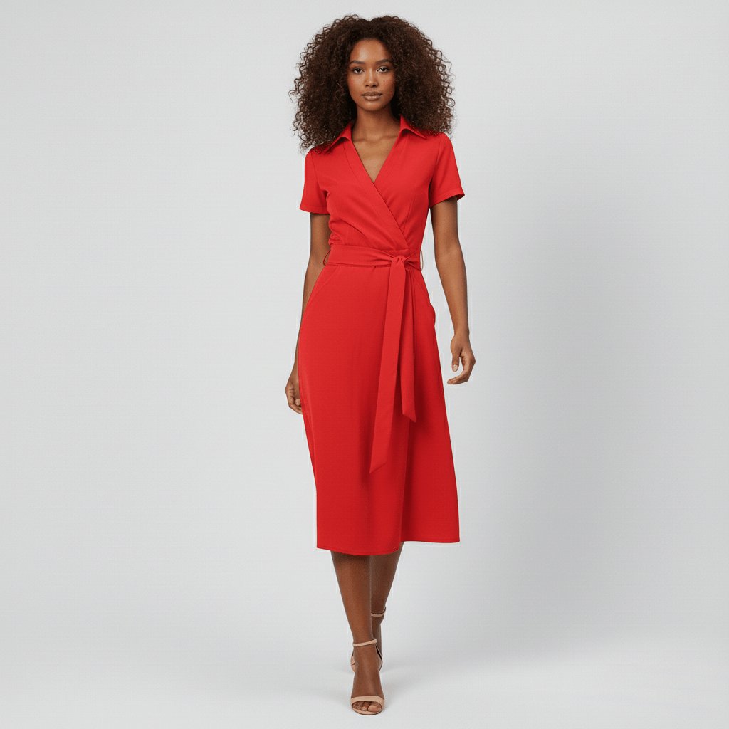 Women's A-Line Wrap-Style V-Neck Short-Sleeve Midi Dress