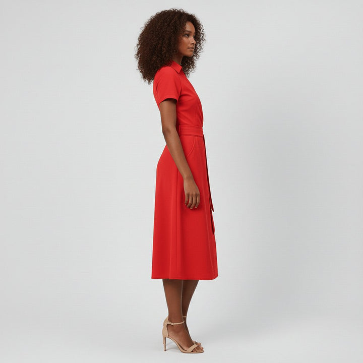 Women's A-Line Wrap-Style V-Neck Short-Sleeve Midi Dress
