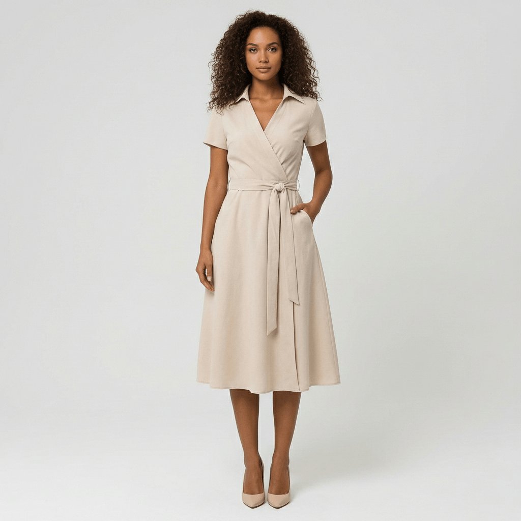 Women's A-Line Wrap-Style V-Neck Short-Sleeve Midi Dress - Pale Beige