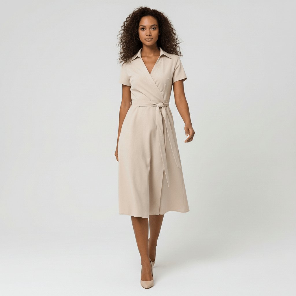 Women's A-Line Wrap-Style V-Neck Short-Sleeve Midi Dress