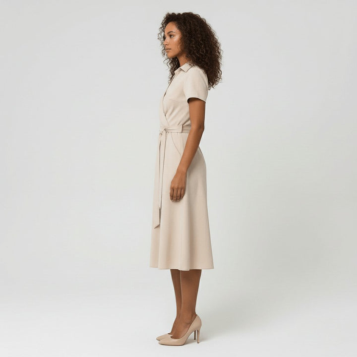 Women's A-Line Wrap-Style V-Neck Short-Sleeve Midi Dress