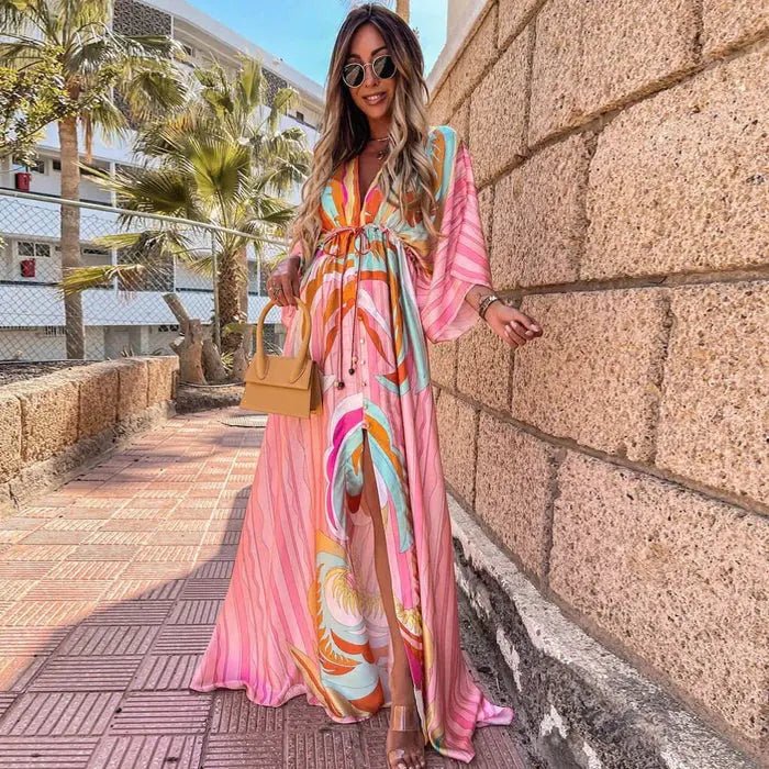 Women's Abstract Print Deep V-Neck Kimono Sleeve Maxi Dress - Light Pink