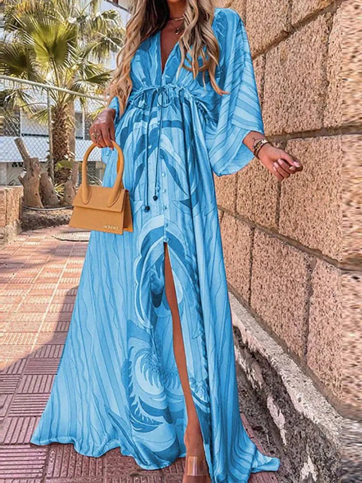 Women's Abstract Print Deep V-Neck Kimono Sleeve Maxi Dress - Blue