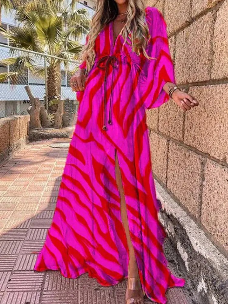 Women's Abstract Print Deep V-Neck Kimono Sleeve Maxi Dress - Rose Red