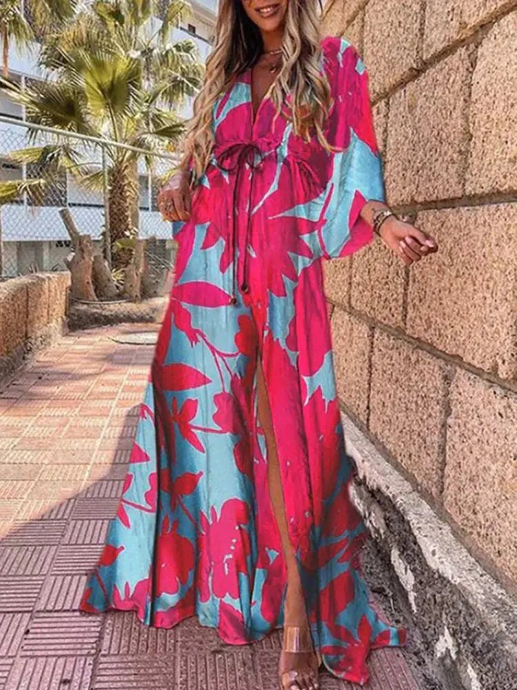 Women's Abstract Print Deep V-Neck Kimono Sleeve Maxi Dress - Blue-pink