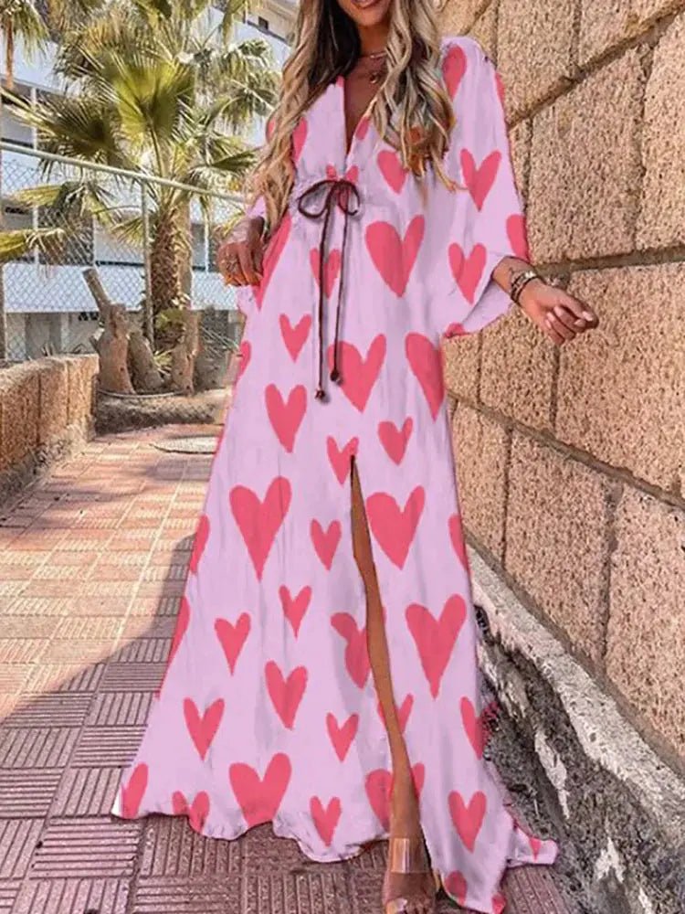 Women's Abstract Print Deep V-Neck Kimono Sleeve Maxi Dress - Rose