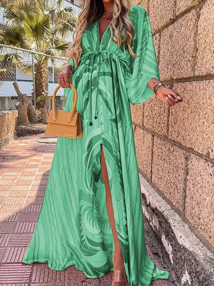 Women's Abstract Print Deep V-Neck Kimono Sleeve Maxi Dress - Green
