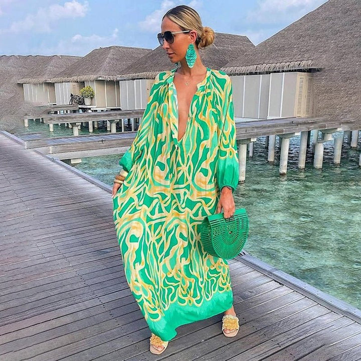 Women's Abstract Print Loose-Fit V-Neck Kaftan Maxi Dress - Green