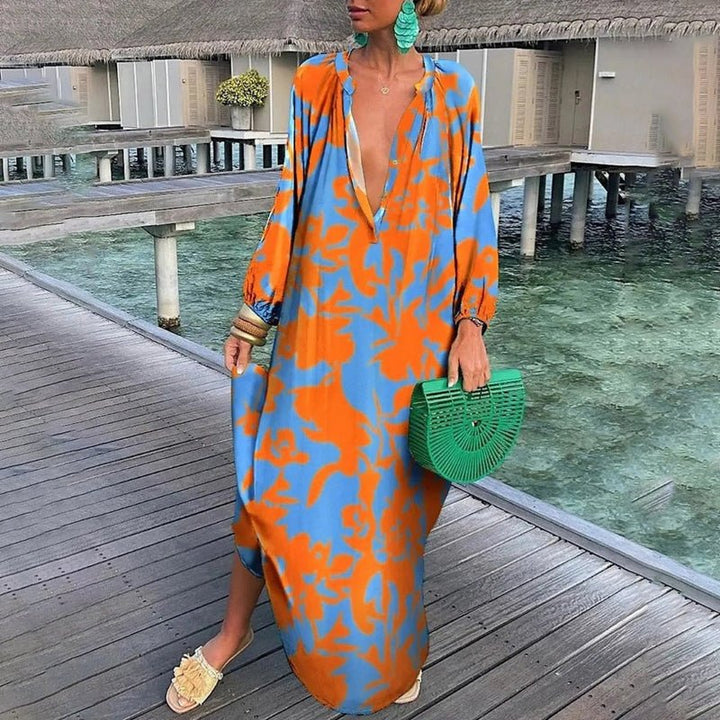 Women's Abstract Print Loose-Fit V-Neck Kaftan Maxi Dress - Orange