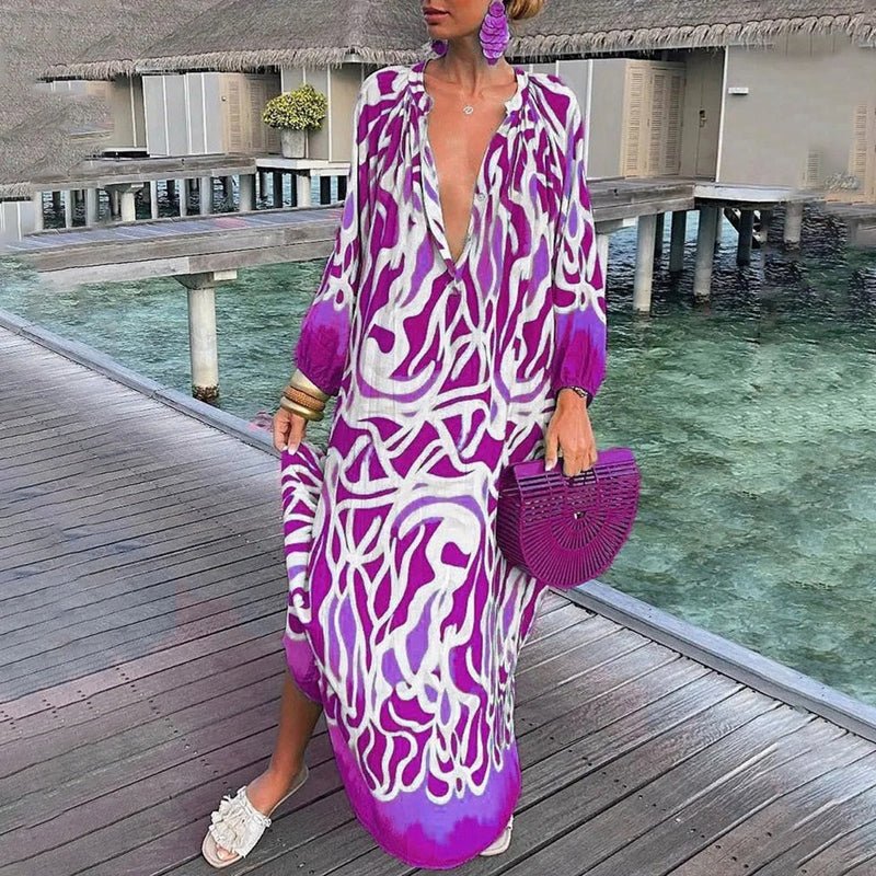 Women's Abstract Print Loose-Fit V-Neck Kaftan Maxi Dress