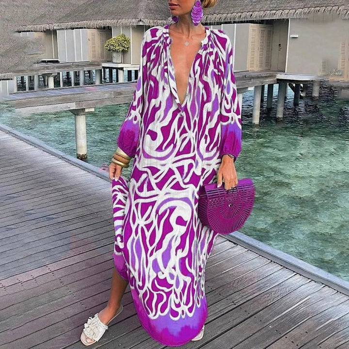 Women's Abstract Print Loose-Fit V-Neck Kaftan Maxi Dress
