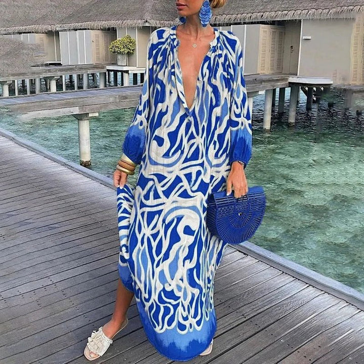 Women's Abstract Print Loose-Fit V-Neck Kaftan Maxi Dress - Blue