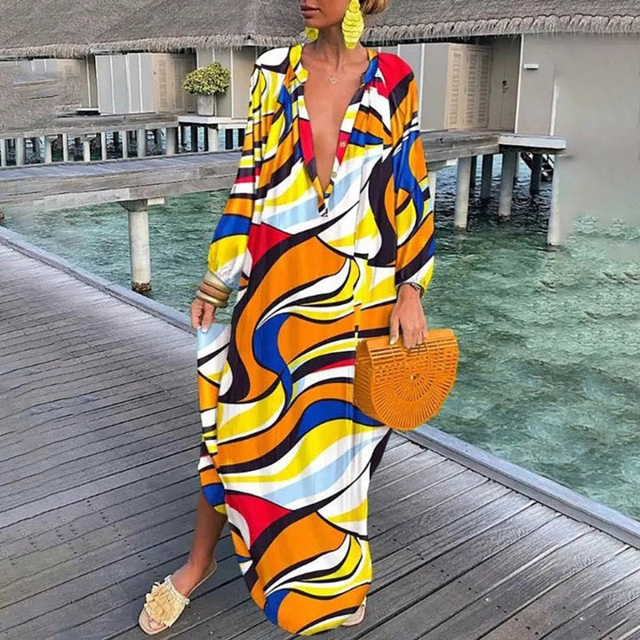Women's Abstract Print Loose-Fit V-Neck Kaftan Maxi Dress