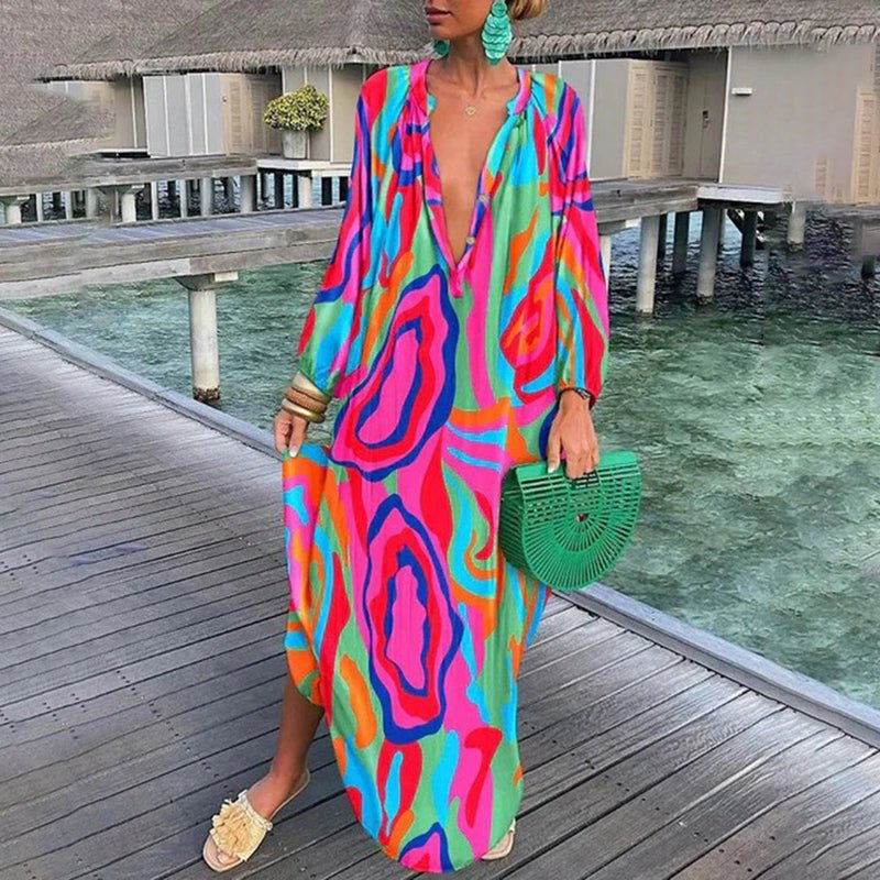 Women's Abstract Print Loose-Fit V-Neck Kaftan Maxi Dress - Pink
