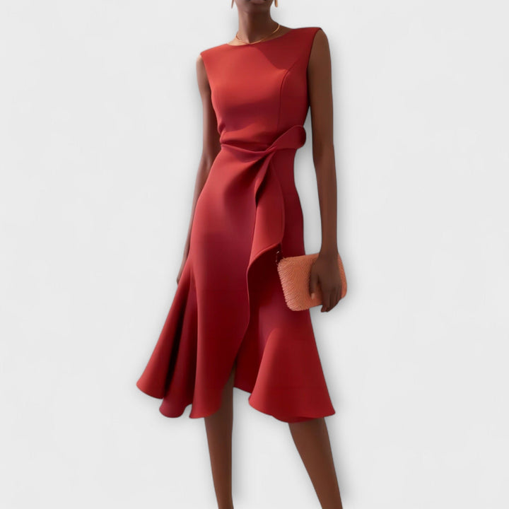 Women's Asymmetric Sleeveless Draped Midi Dress - Red