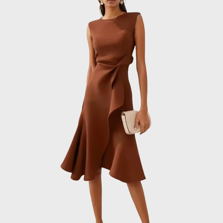 Women's Asymmetric Sleeveless Draped Midi Dress - Coffee