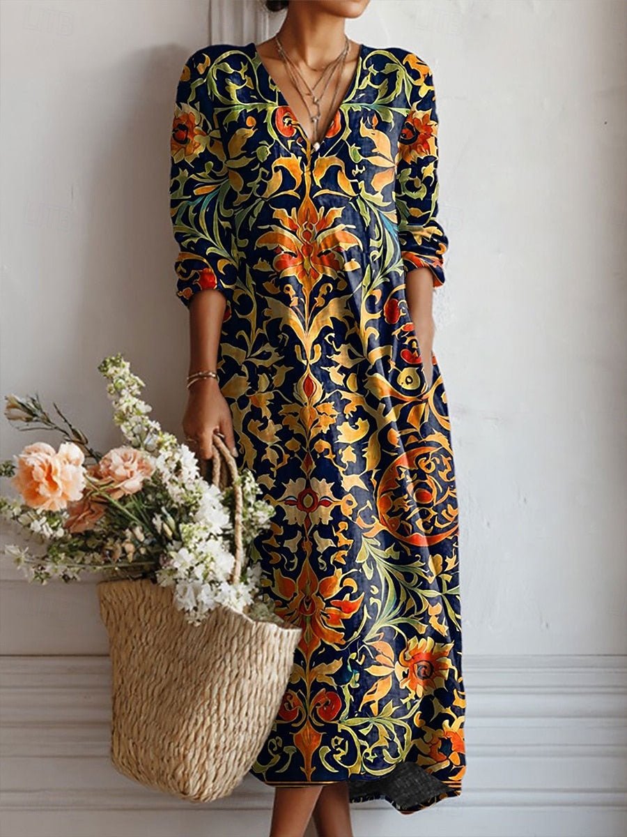 Women's Baroque Floral V-Neck Cotton Midi Dress