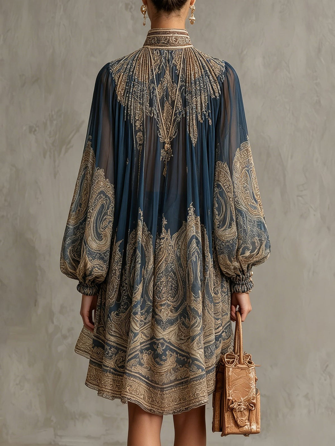 Women's Baroque Print Chiffon High-Neck Asymmetric Mini Dress