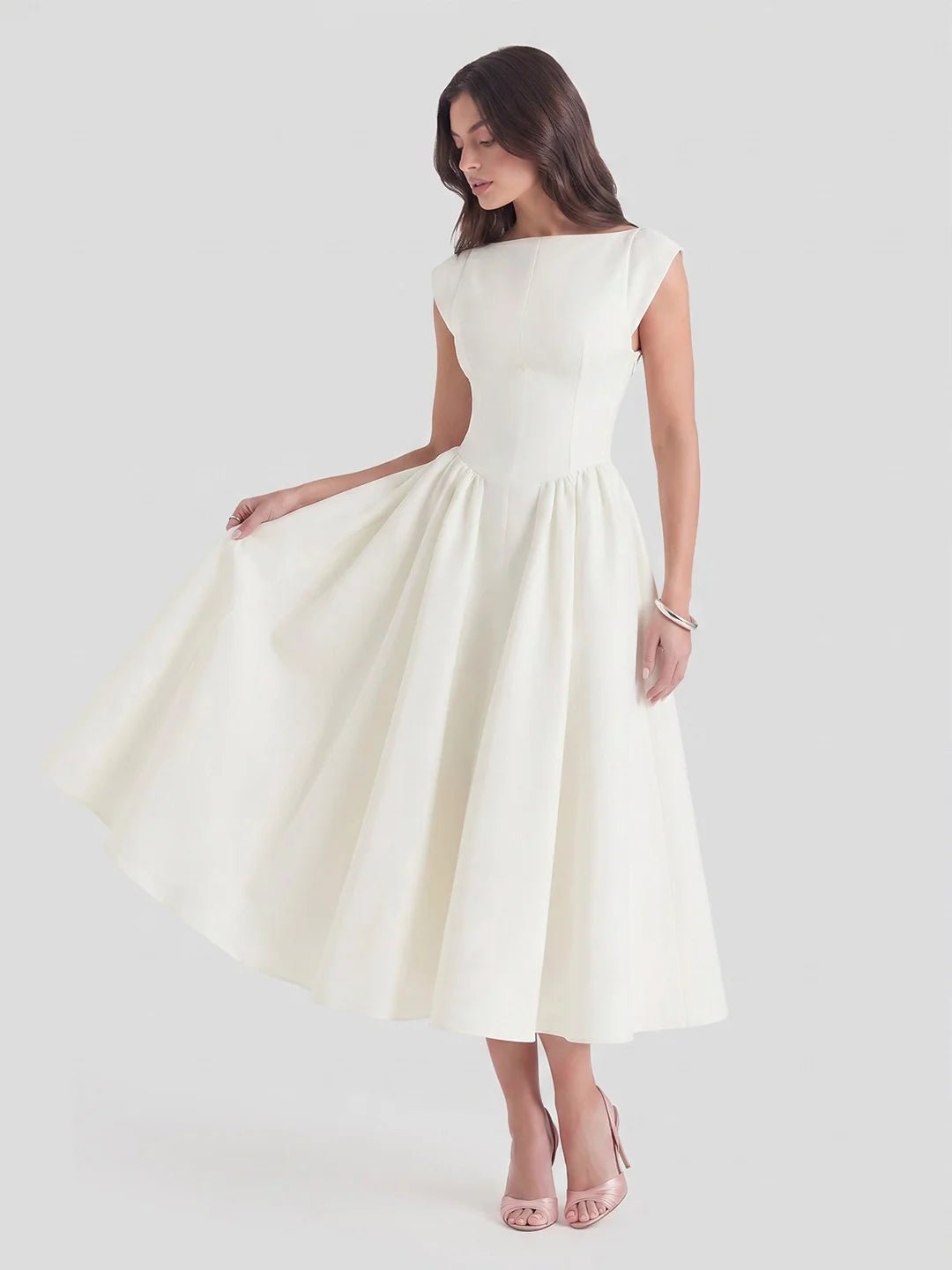 Women's Bateau Neck Cap Sleeve Satin Midi Dress