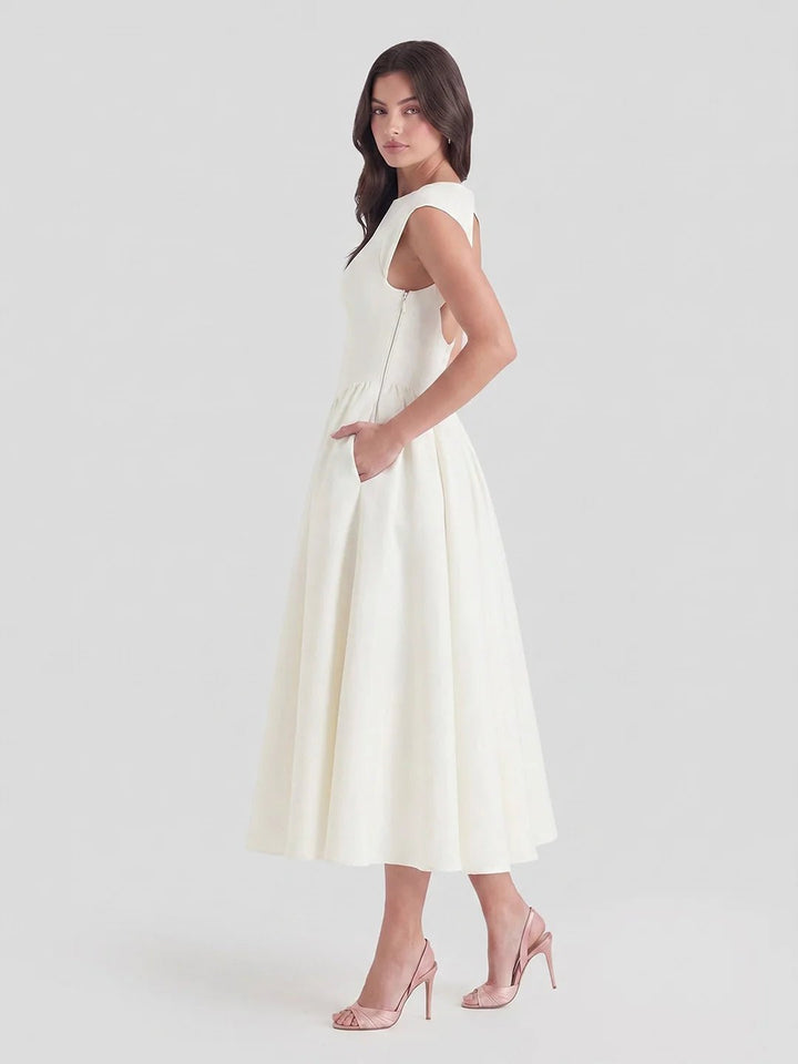Women's Bateau Neck Cap Sleeve Satin Midi Dress