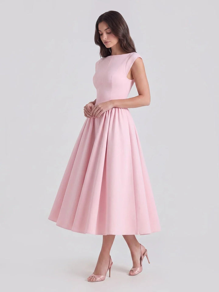 Women's Bateau Neck Cap Sleeve Satin Midi Dress - Soft Pink