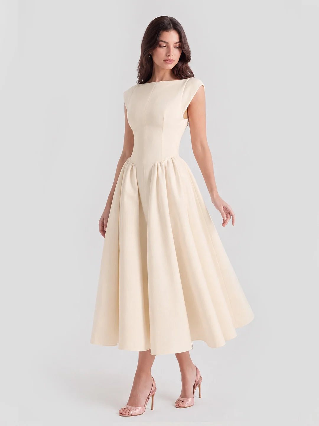 Women's Bateau Neck Cap Sleeve Satin Midi Dress - Beige
