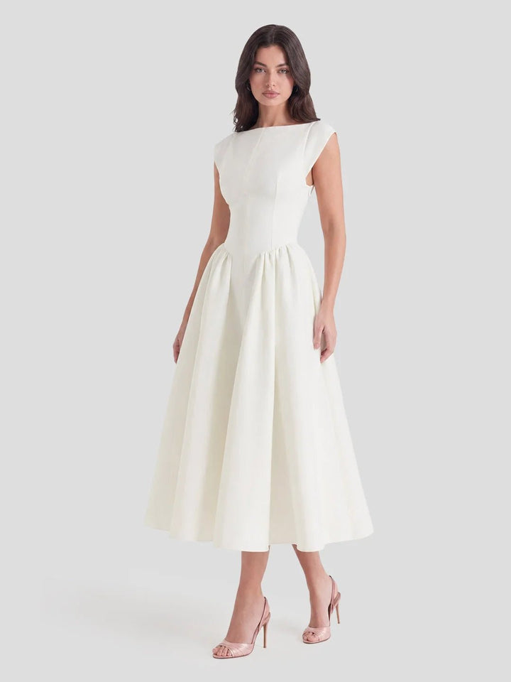 Women's Bateau Neck Cap Sleeve Satin Midi Dress - Ivory