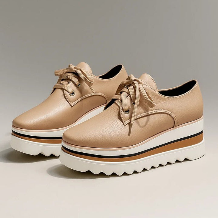 Women's Beige Platform Oxford Lace-Up Wedge Sneakers - Beige