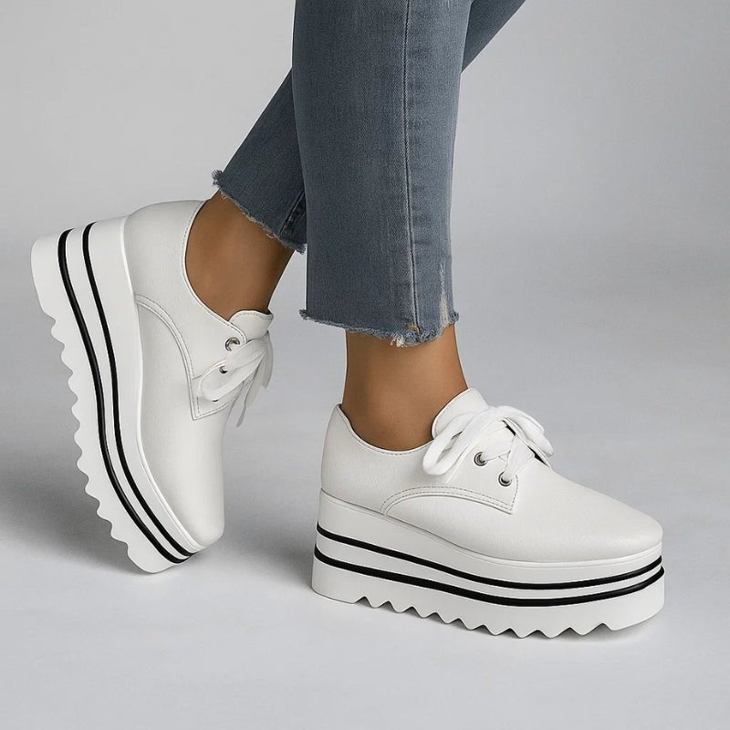 Women's Beige Platform Oxford Lace-Up Wedge Sneakers - White