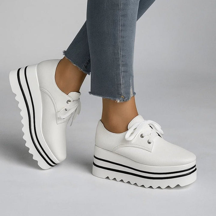 Women's Beige Platform Oxford Lace-Up Wedge Sneakers - White