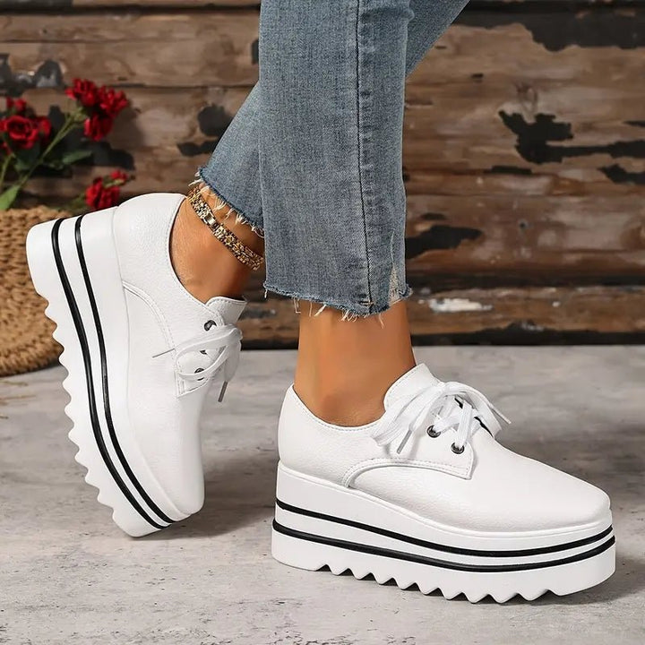 Women's Beige Platform Oxford Lace-Up Wedge Sneakers