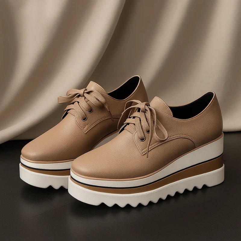 Women's Beige Platform Oxford Lace-Up Wedge Sneakers