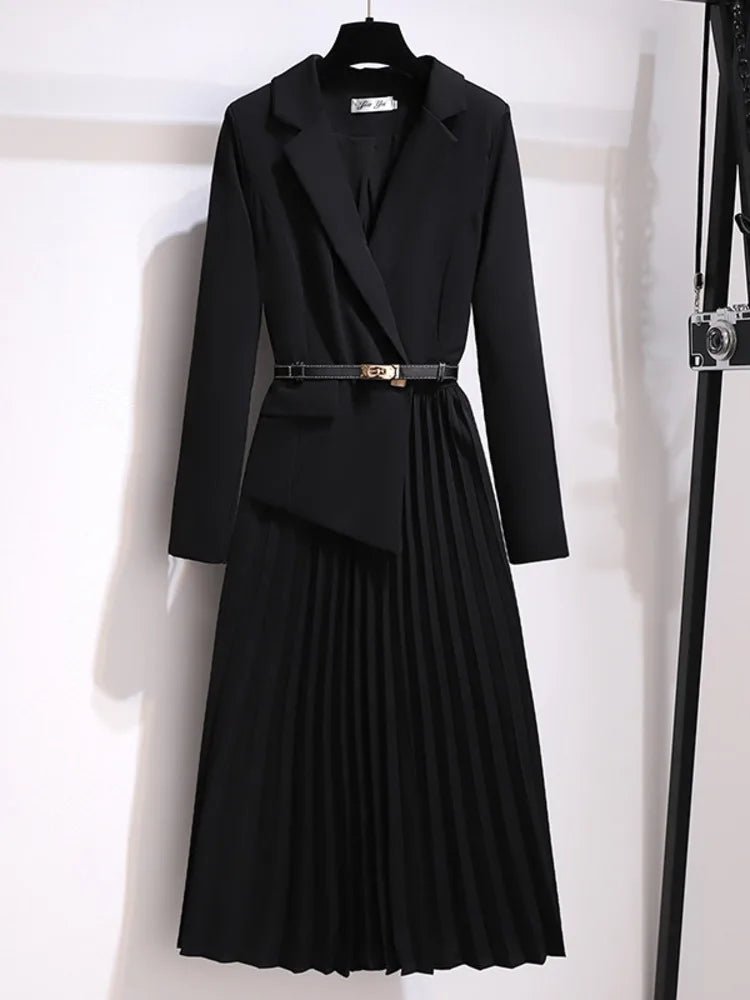 Women's Belted Blazer-Style Pleated Midi Dress - Black