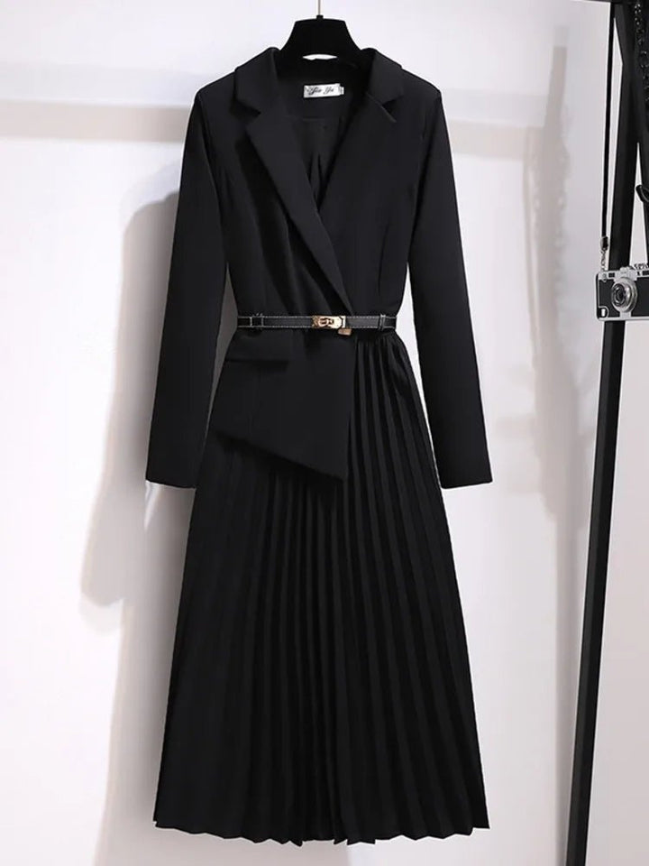Women's Belted Blazer-Style Pleated Midi Dress - Black