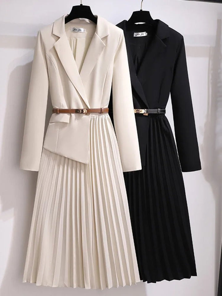 Women's Belted Blazer-Style Pleated Midi Dress